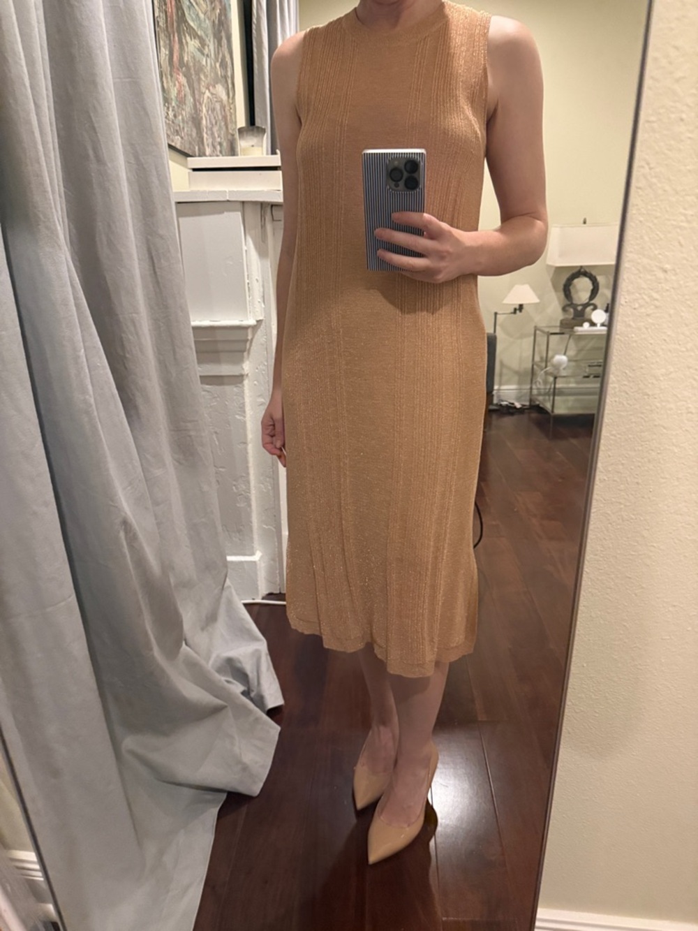 White + Warren Sleeveless Knit Midi Dress in Camel Tan